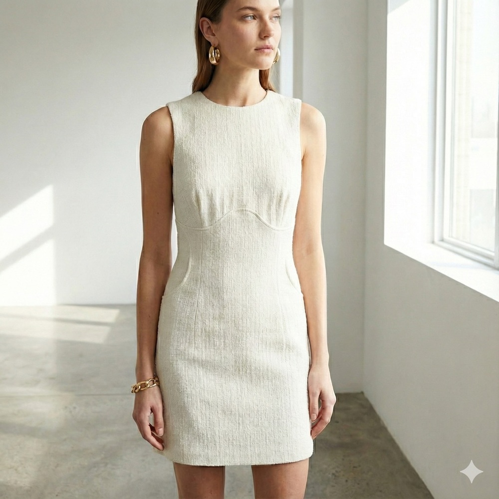 Remain Birger Christensen cream textured cotton shift dress - size 4 (Small)